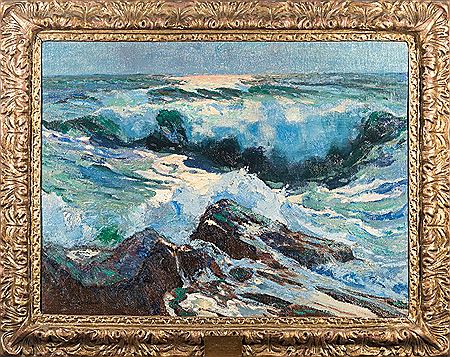 Moonlight, waves breaking on a rocky shore