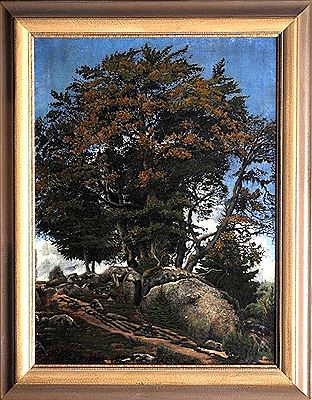 Mighty, already autumnal discolored tree under late summery sky. Under the tree among the rocks a shepherd with his flock, in the background broad landscape, comes out of the foreground a deer.