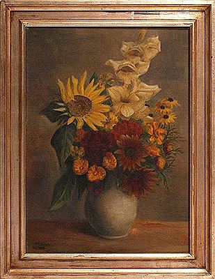 Colorful garden bouquet in salzglasierter ceramic vase before iridescent background