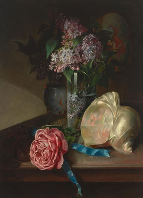 A still life with a vase of lilacs, a rose and a conch shell on a table; An amphora shaped vase, a basket of peonies, an abalone shell and pansies on a draped table (a pair)
