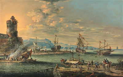 A harbour with figures on the quayside in the foreground and ships at anchor in the bay beyond