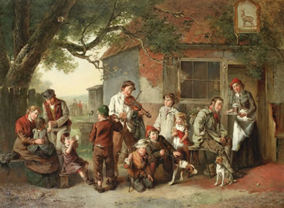 Peddler displaying his wares; Outside a village pub (2)