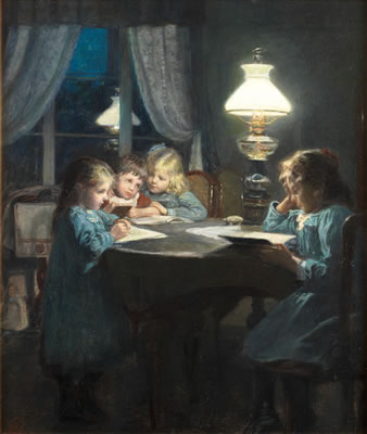 Children reading by lamp light