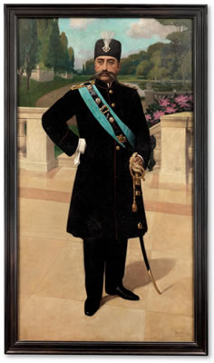 An official portrait of Muzaffar al-din Shah Qajar (Reg. 1896-1907), painted on the occasion of his state visit to Belgium in 1905