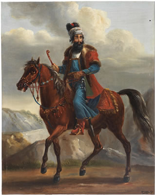 Hajji Mirza Isma'il, Qajar hokmran (civil administrator) of the Khanate of Erivan, on horseback in a landscape