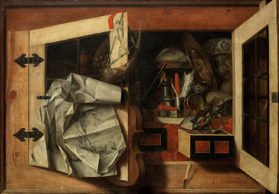 A trompe l'oeil still life of a half-open wall cabinet filled with writing implements, silver gilt dishes, a violin, hunting horn and other objects