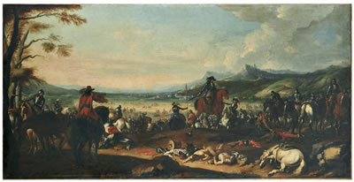 A cavalry skirmish with an extensive landscape mountainous landscape beyond