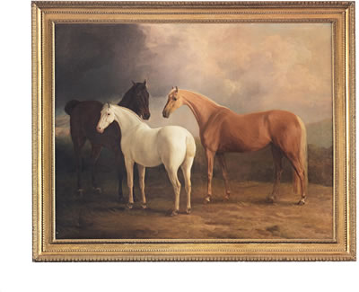 A bay hunter, a Palomino and a grey pony