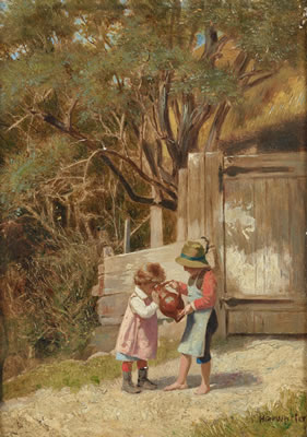 Siblings sharing a water jug