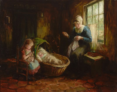 A mother sewing in an interior with her children