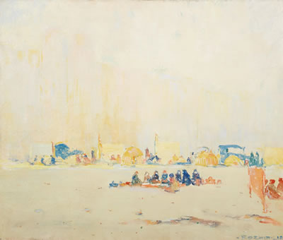 Beach Scene with Figures and Tents by Arthur-Dominique Rozaire - Auction record, sale price, and art valuation. Compare with similar artists and explore comparable artworks.