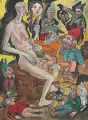 Sample artwork by Vanessa Baird (Born 1963), known for distinctive style of drawing, strong colors, burlesque and humorous situations - View similar artists and auction records