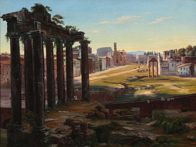 Forum Romanum seen from the Capitoline Hill with Colosseum in the background.