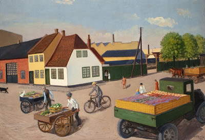 View of a bussy street with carts and lorry.