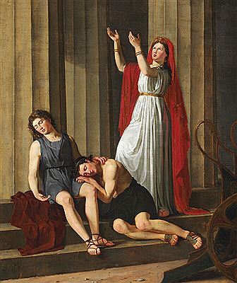 Kleobis and Biton, sons of Cydippe asleep on the steps of the temple.