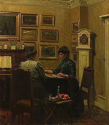 Interior with two women at a card table.