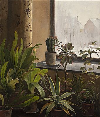 Window with potted plants.