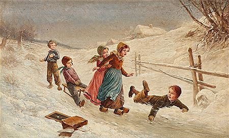 The joys of winter. Children playing onthe road.