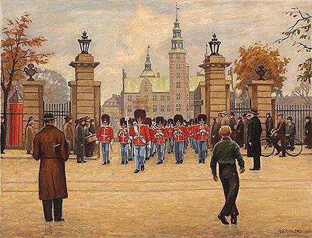 The Royal Guard marching out of Kongens Have by Rosenborg Castle in Copenhagen.