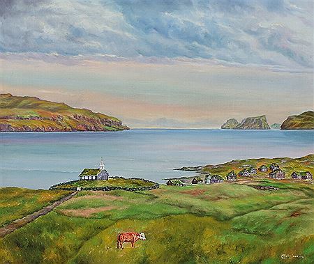Faroese landscape with village and church