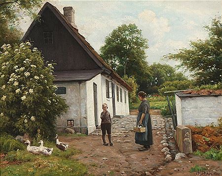 View from a farm with a woman and young boy observing some geese.