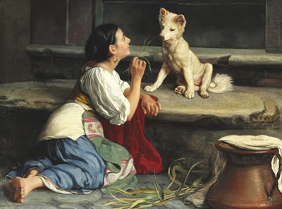 A young Italian woman playing with a dog