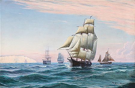 Seascape with sailing ships off the White Cliffs of Dover. by Thorvald Christian Benjamin Moller - Auction record, sale price, and art valuation. Compare with similar artists and explore comparable artworks.