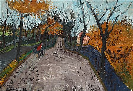Fall motif with a man on a bench.