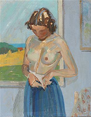 Young half naked woman with blue skirt.