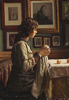 Interior with a girl polishing apples.