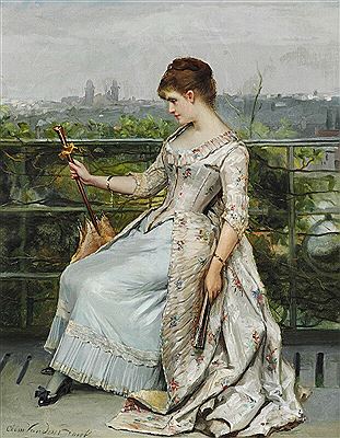 An elegant young woman sitting on a balcony overlooking Paris.