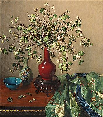 Still life with snowberries in a chinese vase