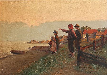 Swedish coastal scape with children overlooking the sea