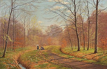 Girls picking anemonies by a forest road.