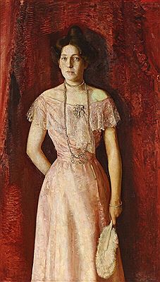 Portrait of a woman in a rose-coloured silk dress and pearl necklace carrying a fan.