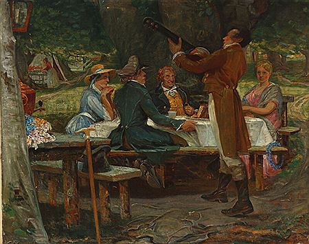 A garden party with a gentleman playing music. by Valdemar Neiiendam - Auction record, sale price, and art valuation. Compare with similar artists and explore comparable artworks.
