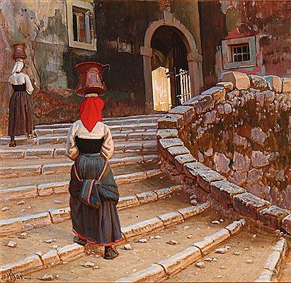 Italian women carrying water up a staircase. by Knud Sinding - Auction record, sale price, and art valuation. Compare with similar artists and explore comparable artworks.