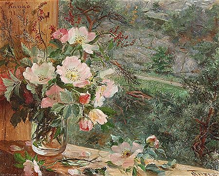 Still life with a vase of roship on a window sill.