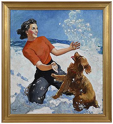 Woman with Golden Retriever in the Snow
