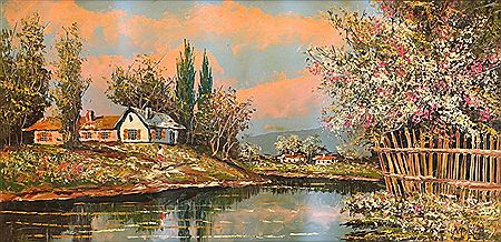 Country River Landscape with Homes