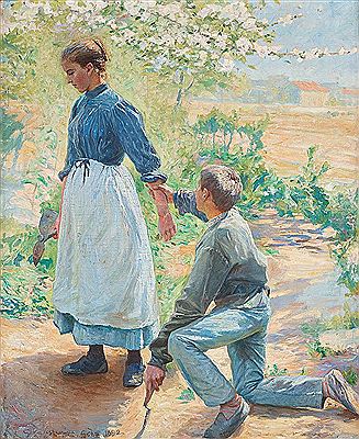 Young couple in love, garden scene from Grez, France.