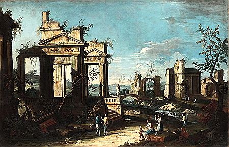Coppia di capricci architettonici con rovine e personaggi coppia di dipinti ad (2)