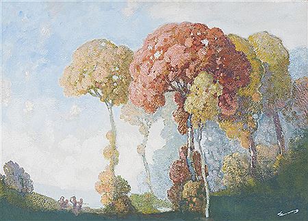 Four figures at left, mounting a hilltop, with a grove of trees in autumn colors at right
