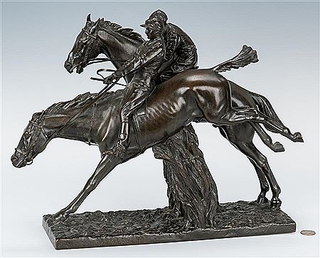 Two jockeys on horseback, jumping over a hedge