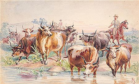 Cowhands on horseback, herding long horn cows at a watering hole