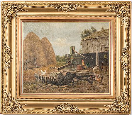 Barnyard scene with roosters, ducks, and chickens foreground near a water pump, barn and haystack background