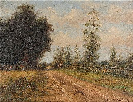 Landscape of a country road parallel to a wooden fence with trees in the background, below a cloudy blue sky