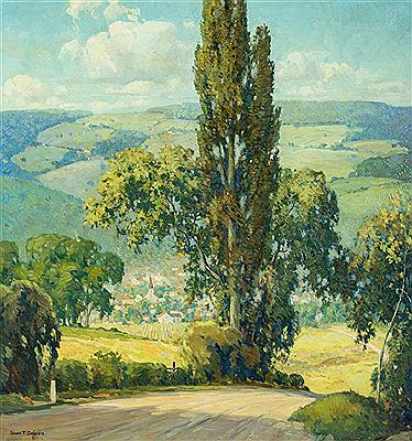 A path or road entering a hilly landscape