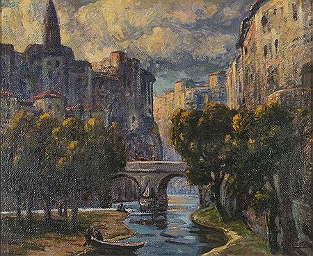 VILLAGE NEAR A RIVER by Carlo Bocklin - Auction record, sale price, and art valuation. Compare with similar artists and explore comparable artworks.