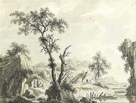 River landscape with figures in a rowing boat